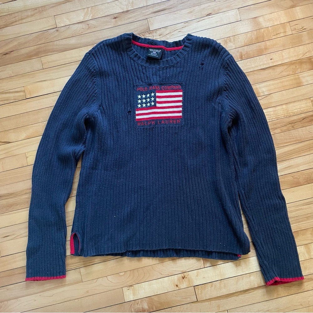 Ralph Lauren Navy Ribbed Crewneck Sweater with Red & White Flag